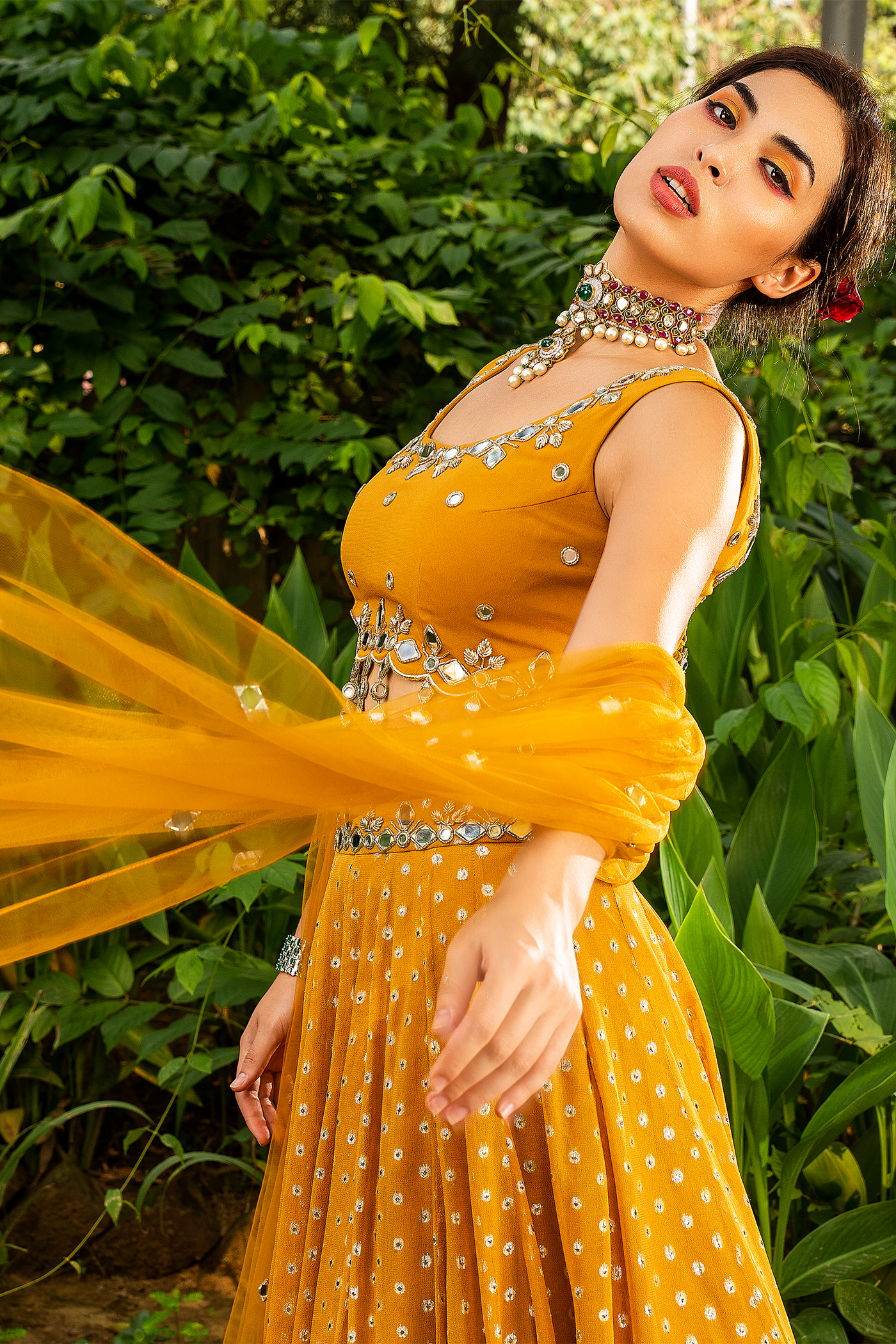 Lurex Georgette Lehenga With Scalloped Mirror Work Blouse And Dupatta