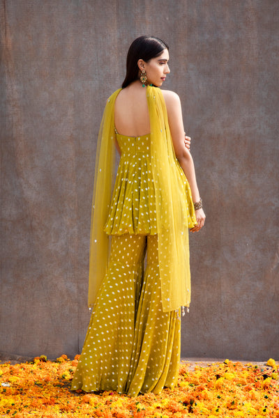 Mirror Work Corset Peplum And Fit'N'Flare Pant Set In Lurex Georgette With Choker Dupatta