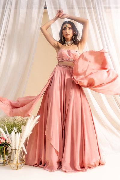 Crepe Scoop Neck Floral Border Bustier With Drapes Panelled Lehenga & Tulle Floral Embroidered Dupatta