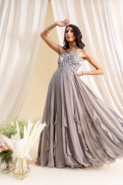 Georgette Frills Panelled Anarkali With Floral Embroidered Yoke & Tulle Dupatta