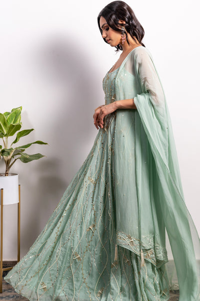 Pearl Strap Embroidered Panelled Anarkali With Dupatta