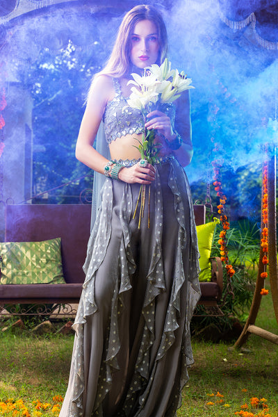 Lurex Georgette And Plain Georgette Frill Pallazo Tulle Mirror Work Bustier  And Dupatta