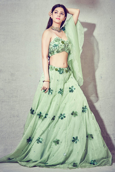 Floral Embroidered V-Hem Blouse With Embroidered Lehenga And Floral Embroidered Ruffles Dupatta