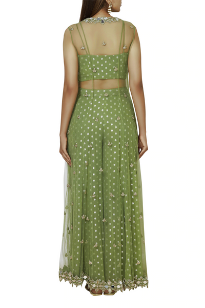 Net Floor Length Mirror Work Jacket With Lurex Georgette Crop Top And Pallazo Set