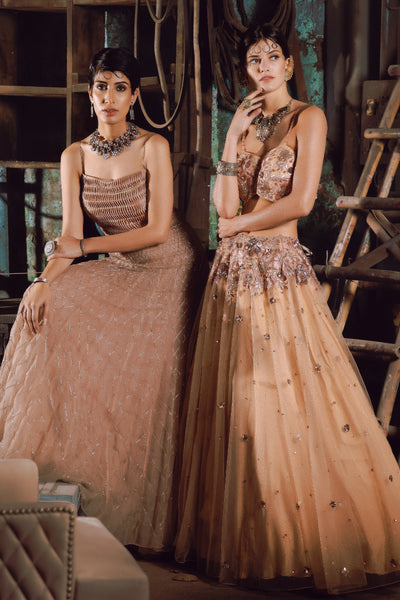 Floral Embroidery V-Hem Bustier With Embroidered Waist Lehenga & Floral Border Dupatta