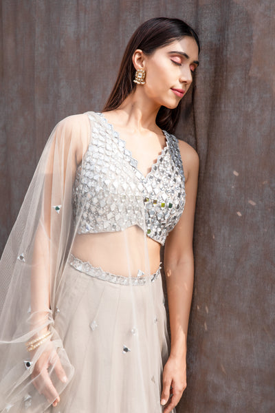 V-Hem Mirror Work Blouse With High Waist Lehenga And Dupatta Set