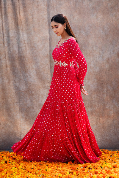Mirror Work 3-Tiered Anarkali With Back Cut Outs And Embroidered Dupatta