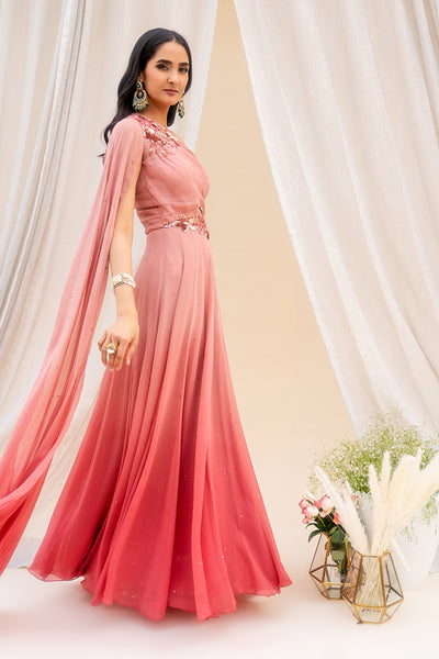 Georgette 1-Shoulder Floral Embroidered & Crystal Embellished Ombre Gown With Shoulder Drape