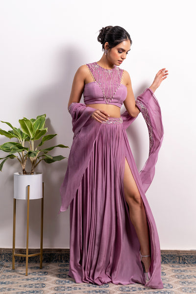 Embroidered Blouse With High Slit Lehenga And Frill Dupatta ( Without Slit Available)