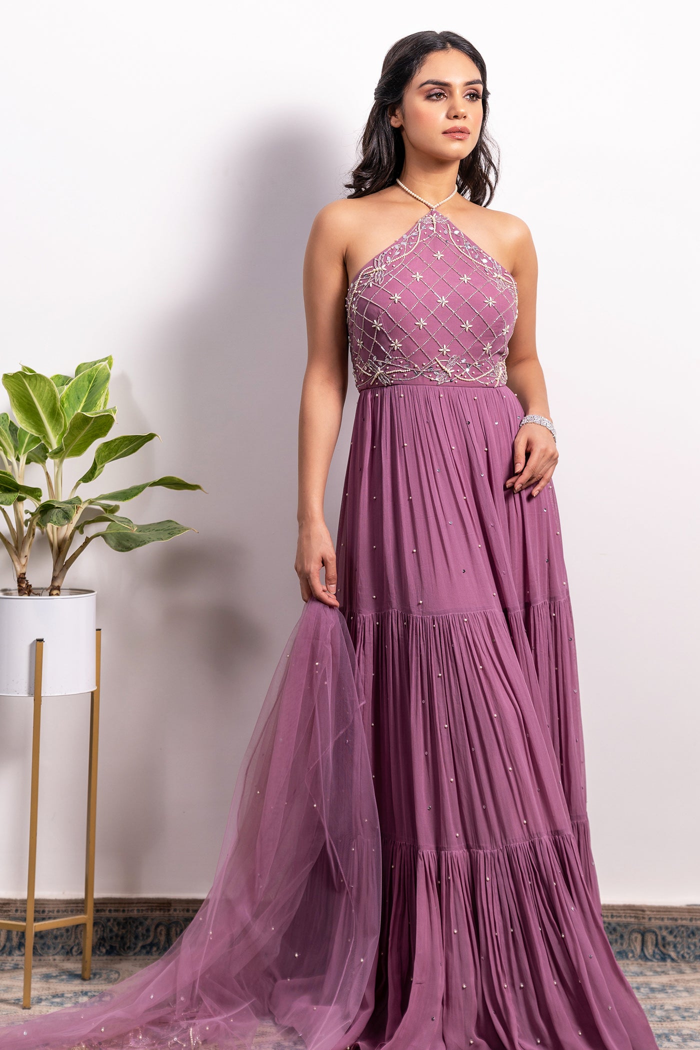 Halter Neck 3-Tiered Embroidered Anarkali And Dupatta Set