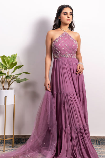 Halter Neck 3-Tiered Embroidered Anarkali And Dupatta Set