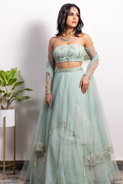 Off-Shoulder Embroidered Blouse With Pearl Tasseled Lehenga And Dupatta