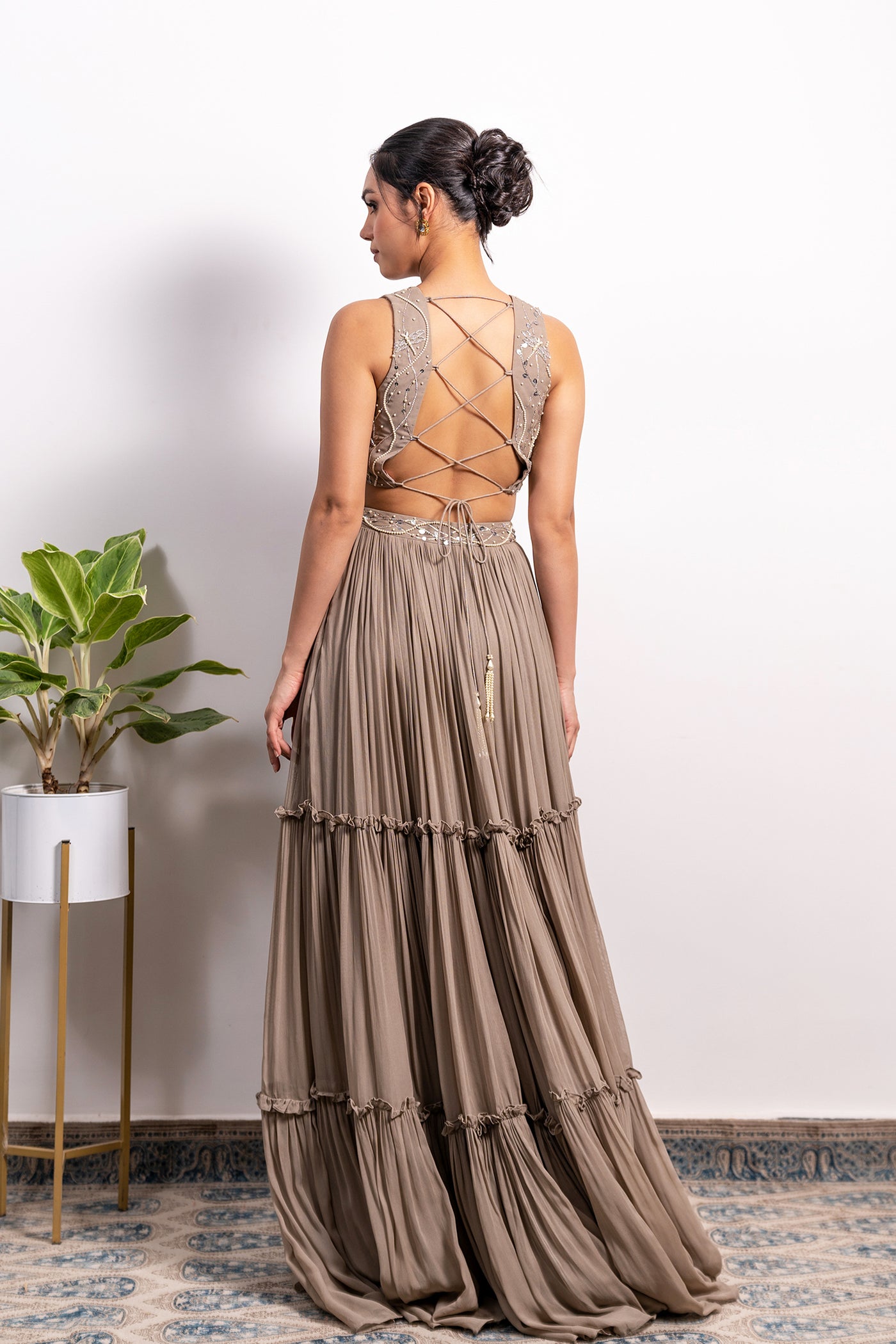 Glass Neckline Embroidered Blouse With 3-Tiered Lehenga And Dupatta
