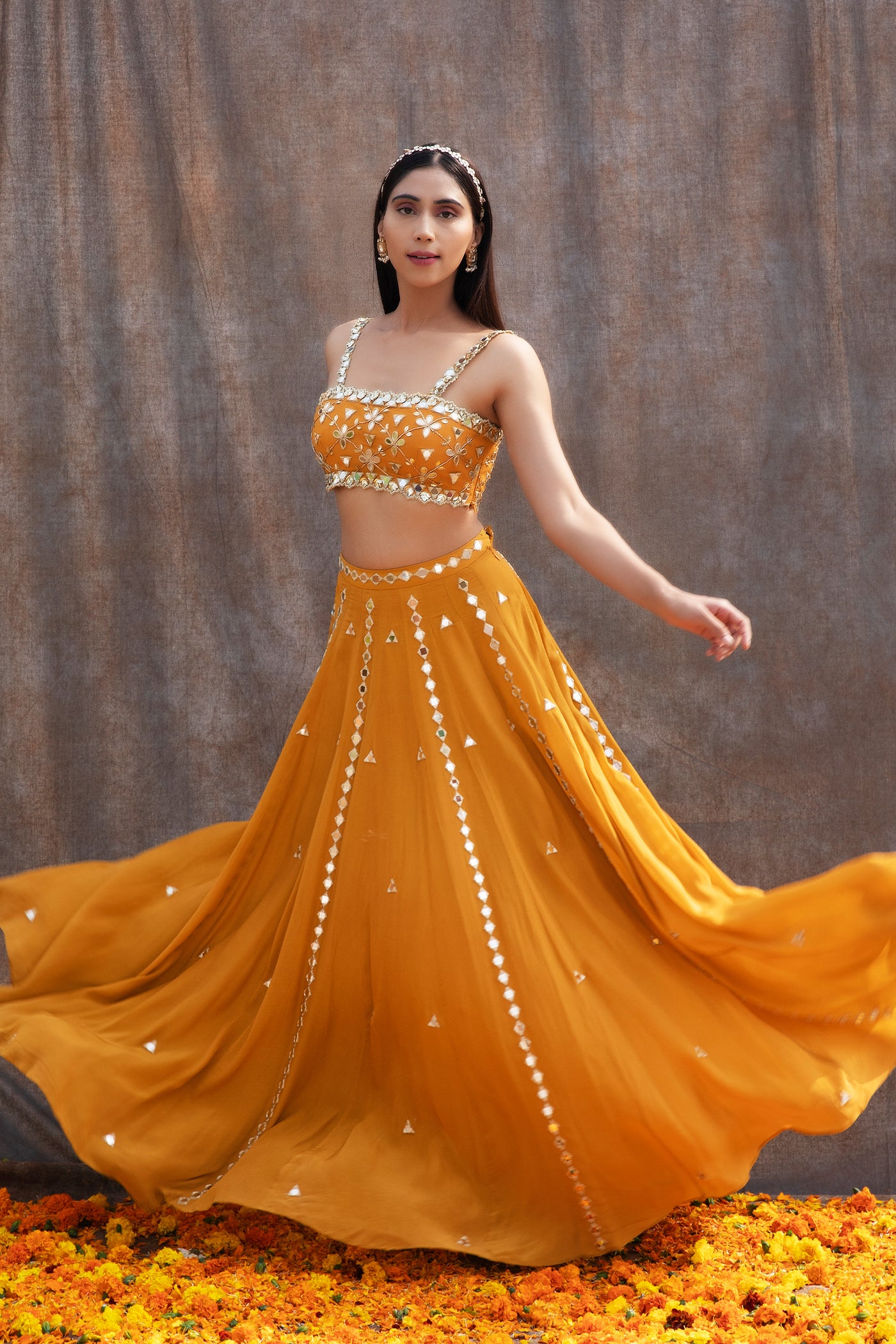 Mirror Work Bustier With High Waist Mirror Lines Lehenga And Embroidered Dupatta