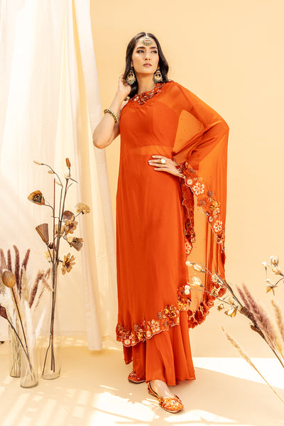 Floral Embroidered Drape With High Waist Pallazo And Blouse