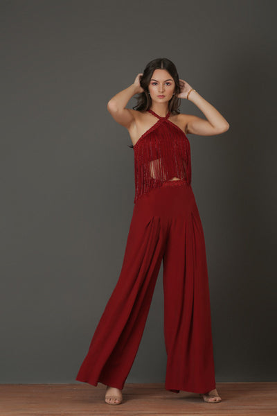 Red Embroidered Fringe Blouse And Pant Set