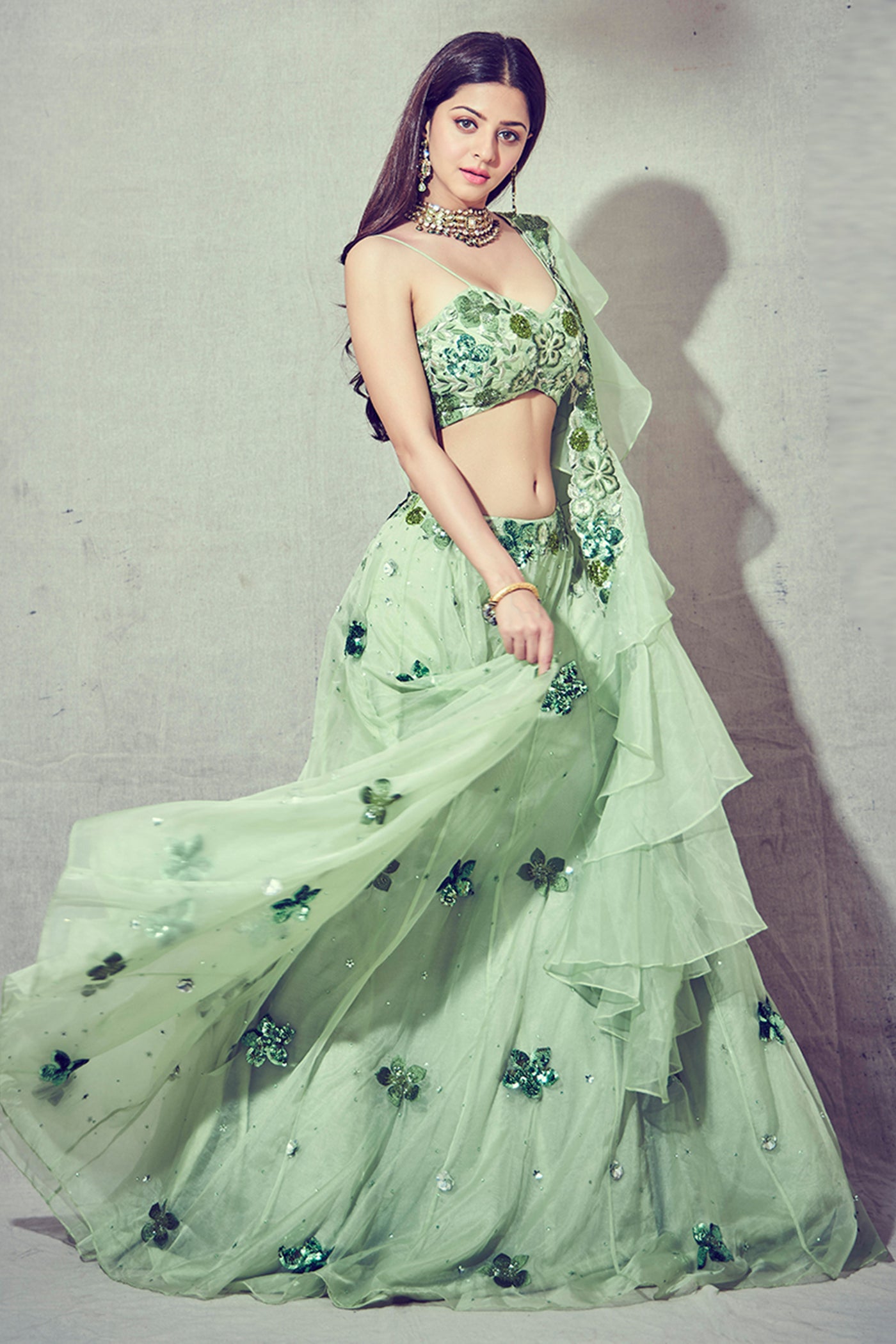 Floral Embroidered V-Hem Blouse With Embroidered Lehenga And Floral Embroidered Ruffles Dupatta