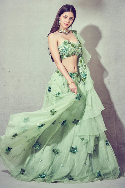Floral Embroidered V-Hem Blouse With Embroidered Lehenga And Floral Embroidered Ruffles Dupatta