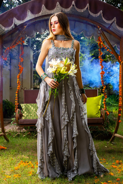 Lurex Georgette And Plain Georgette Frill Pallazo Tulle Mirror Work Bustier  And Dupatta