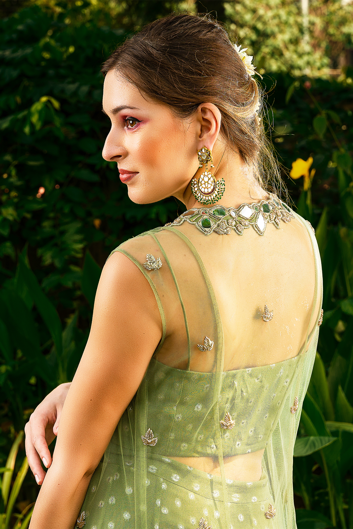 Net Floor Length Mirror Work Jacket With Lurex Georgette Crop Top And Pallazo Set