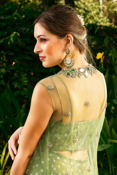 Net Floor Length Mirror Work Jacket With Lurex Georgette Crop Top And Pallazo Set