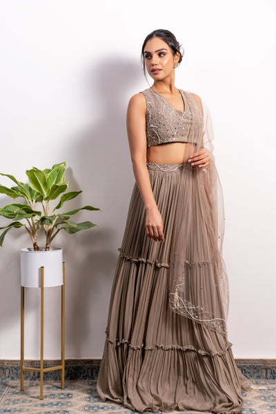 Glass Neckline Embroidered Blouse With 3-Tiered Lehenga And Dupatta
