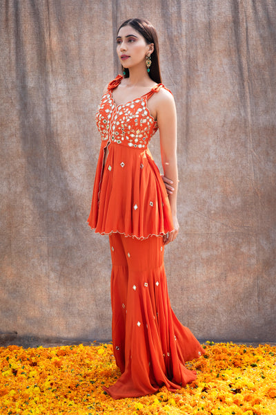 Mirror Work Scalloped Peplum With Tie-Up Straps And Fit'N'Flare Pant Set
