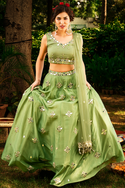Chanderi Mirror Work Lehenga Set