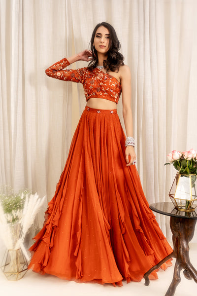 Crystal Embellished High Waist Frills Panelled Lehenga With 1-Shoulder Floral Embroidered Blouse And Floral Border Dupatta