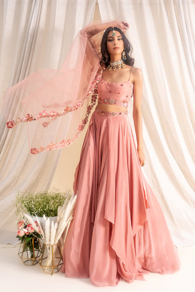 Crepe Scoop Neck Floral Border Bustier With Drapes Panelled Lehenga & Tulle Floral Embroidered Dupatta