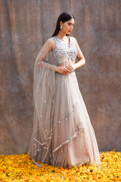 V-Hem Mirror Work Blouse With High Waist Lehenga And Dupatta Set