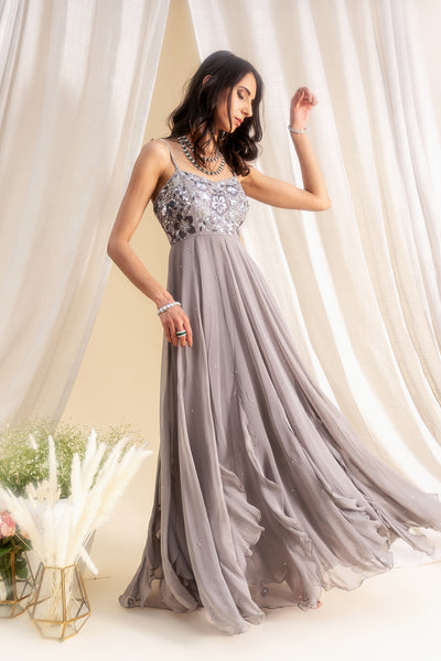 Georgette Frills Panelled Anarkali With Floral Embroidered Yoke & Tulle Dupatta