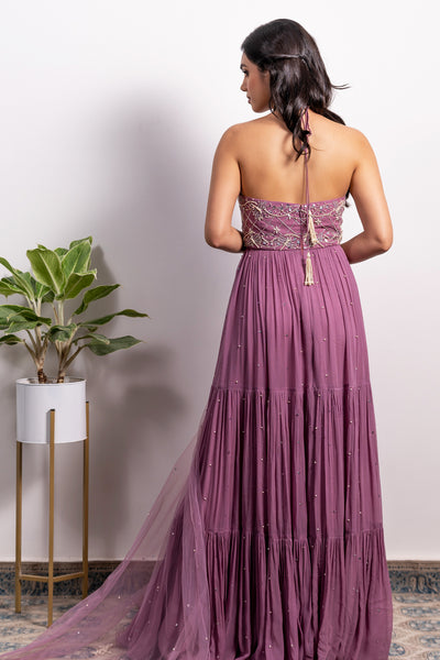 Halter Neck 3-Tiered Embroidered Anarkali And Dupatta Set