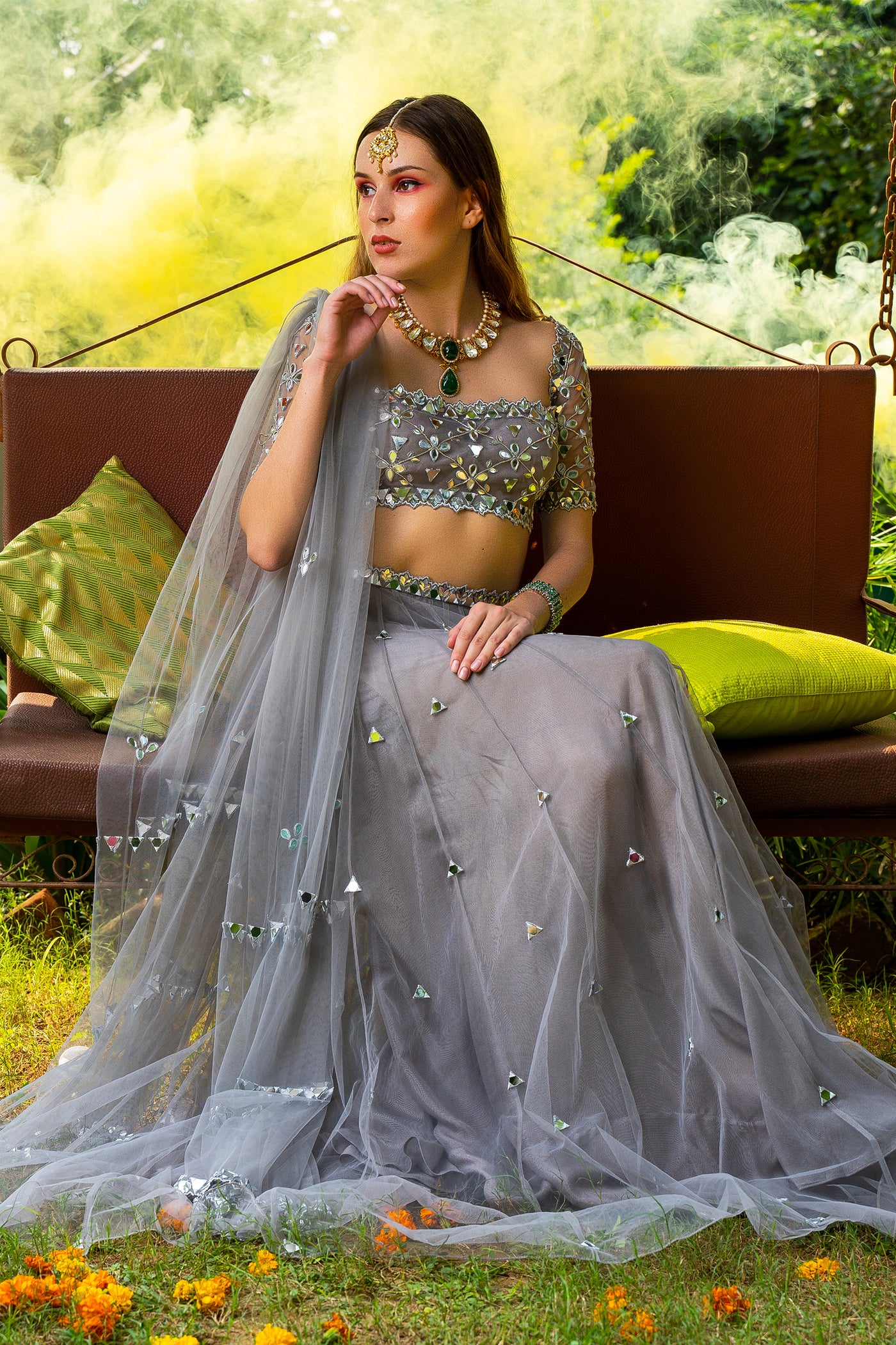 Tulle Mirror Lehenga With Net Square Neck Bustier And Tulle Dupatta
