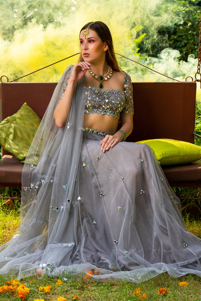 Tulle Mirror Lehenga With Net Square Neck Bustier And Tulle Dupatta