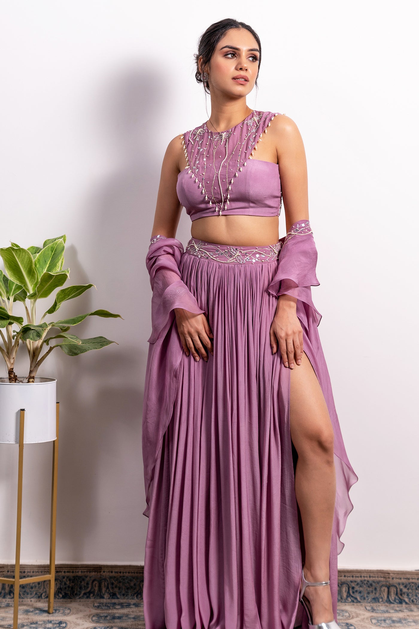 Embroidered Blouse With High Slit Lehenga And Frill Dupatta ( Without Slit Available)