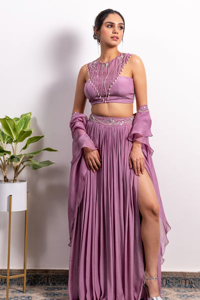 Embroidered Blouse With High Slit Lehenga And Frill Dupatta ( Without Slit Available)