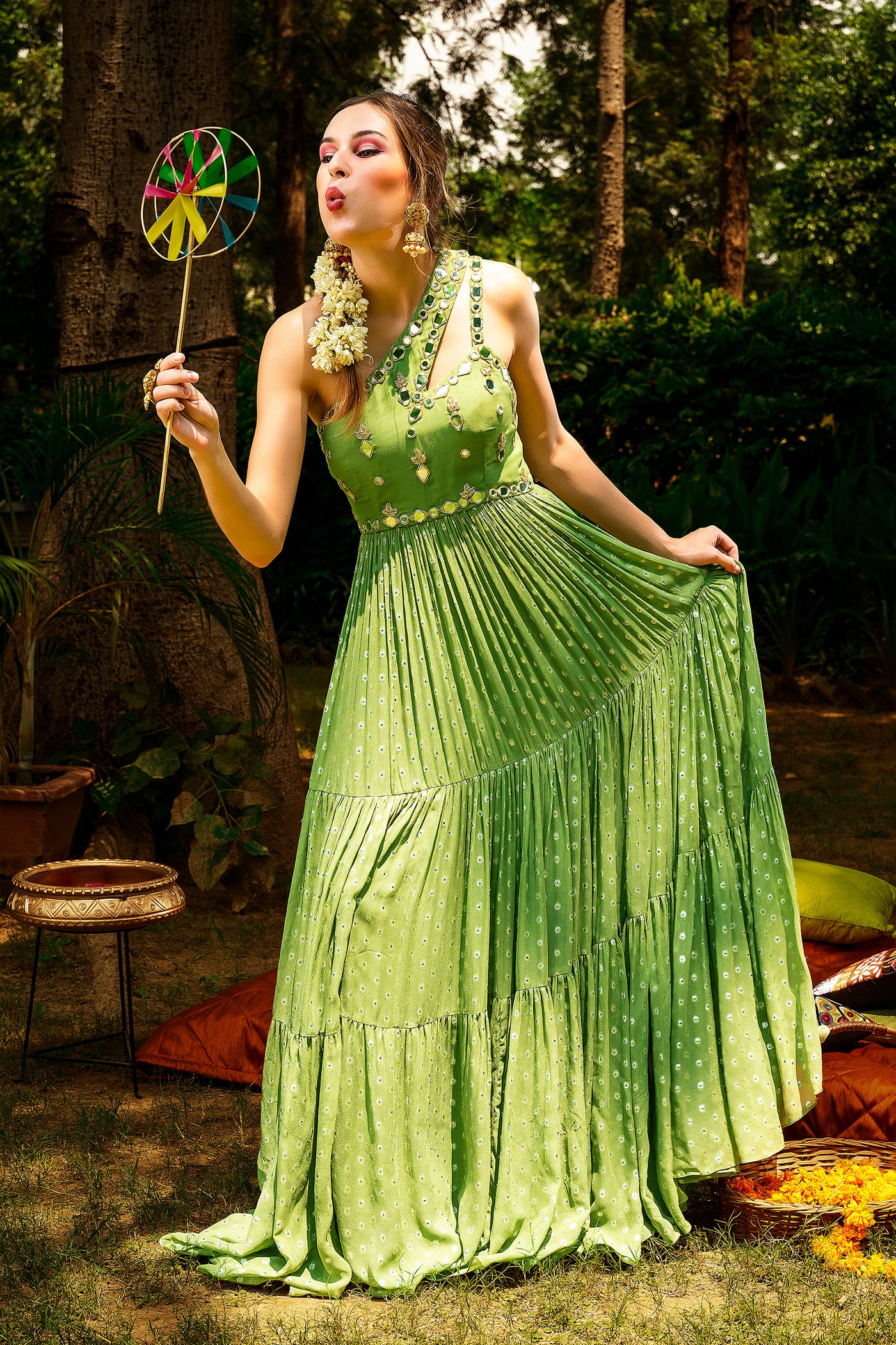 Shoulder Lurex Georgette Tiered Anarkali And Dupatta Set