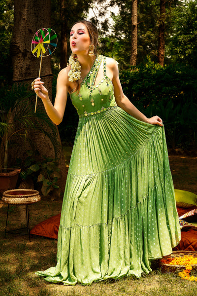 Shoulder Lurex Georgette Tiered Anarkali And Dupatta Set