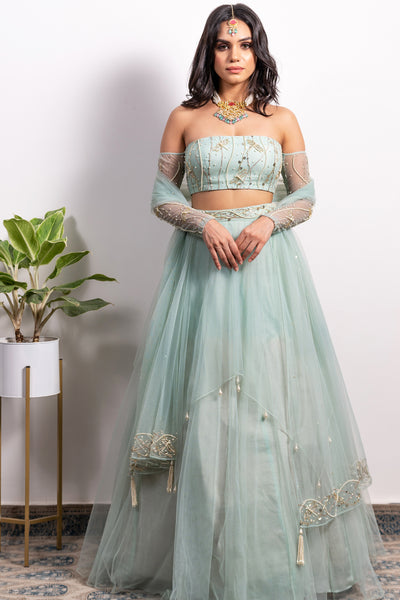 Off-Shoulder Embroidered Blouse With Pearl Tasseled Lehenga And Dupatta