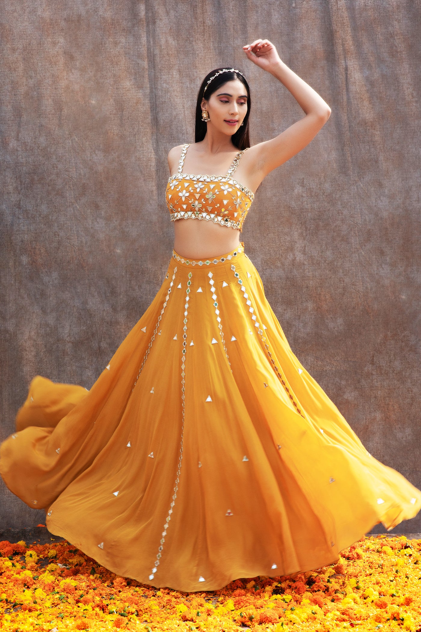 Mirror Work Bustier With High Waist Mirror Lines Lehenga And Embroidered Dupatta