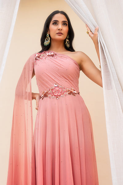 Georgette 1-Shoulder Floral Embroidered & Crystal Embellished Ombre Gown With Shoulder Drape