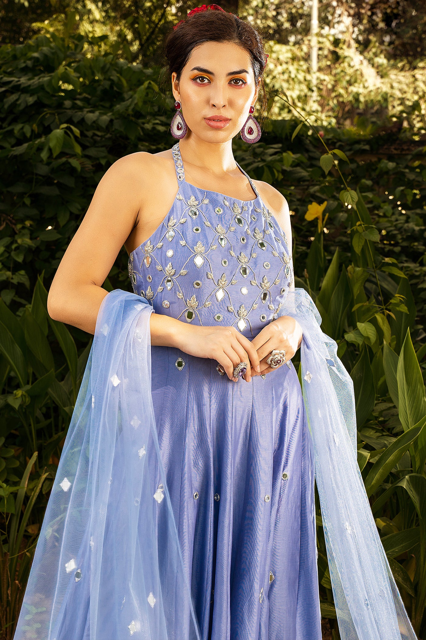 Halter Neck Chanderi Mirror Work Anarkali And Dupatta Set