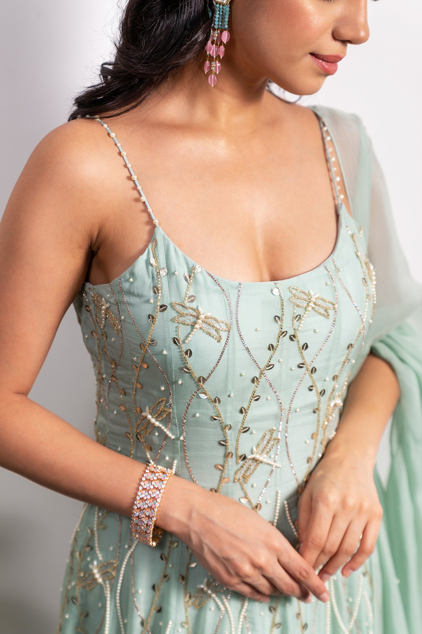 Pearl Strap Embroidered Panelled Anarkali With Dupatta