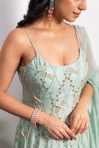Pearl Strap Embroidered Panelled Anarkali With Dupatta