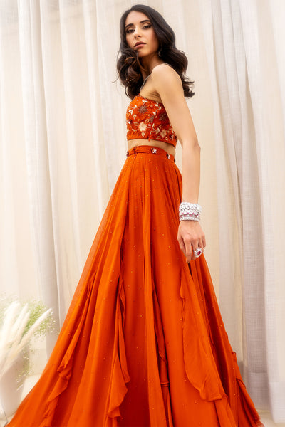 Crystal Embellished High Waist Frills Panelled Lehenga With 1-Shoulder Floral Embroidered Blouse And Floral Border Dupatta