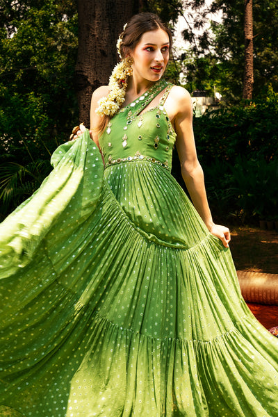 Shoulder Lurex Georgette Tiered Anarkali And Dupatta Set