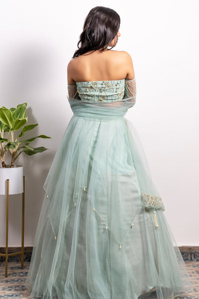 Off-Shoulder Embroidered Blouse With Pearl Tasseled Lehenga And Dupatta