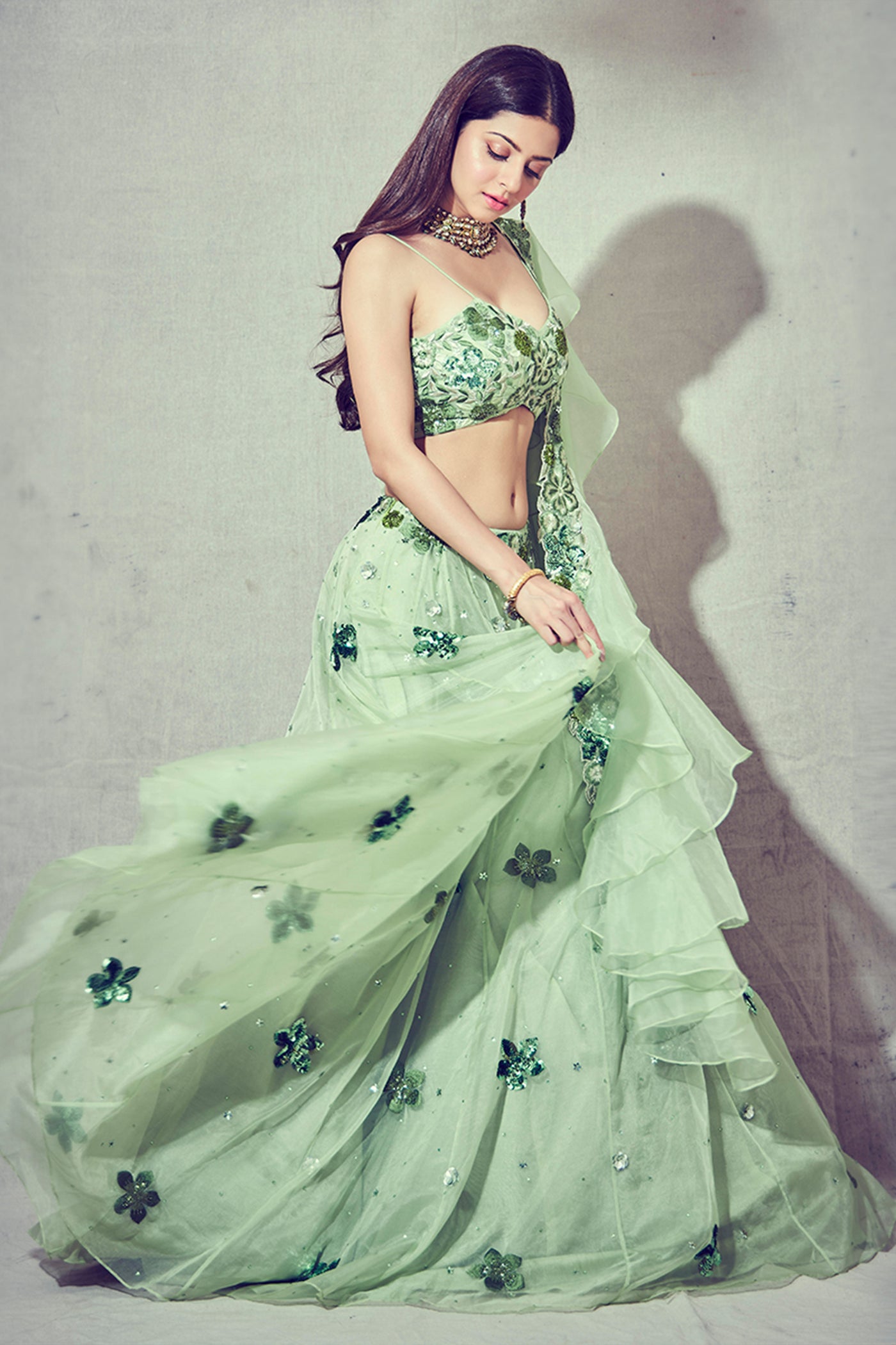Floral Embroidered V-Hem Blouse With Embroidered Lehenga And Floral Embroidered Ruffles Dupatta