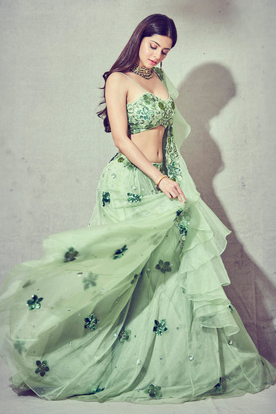Floral Embroidered V-Hem Blouse With Embroidered Lehenga And Floral Embroidered Ruffles Dupatta